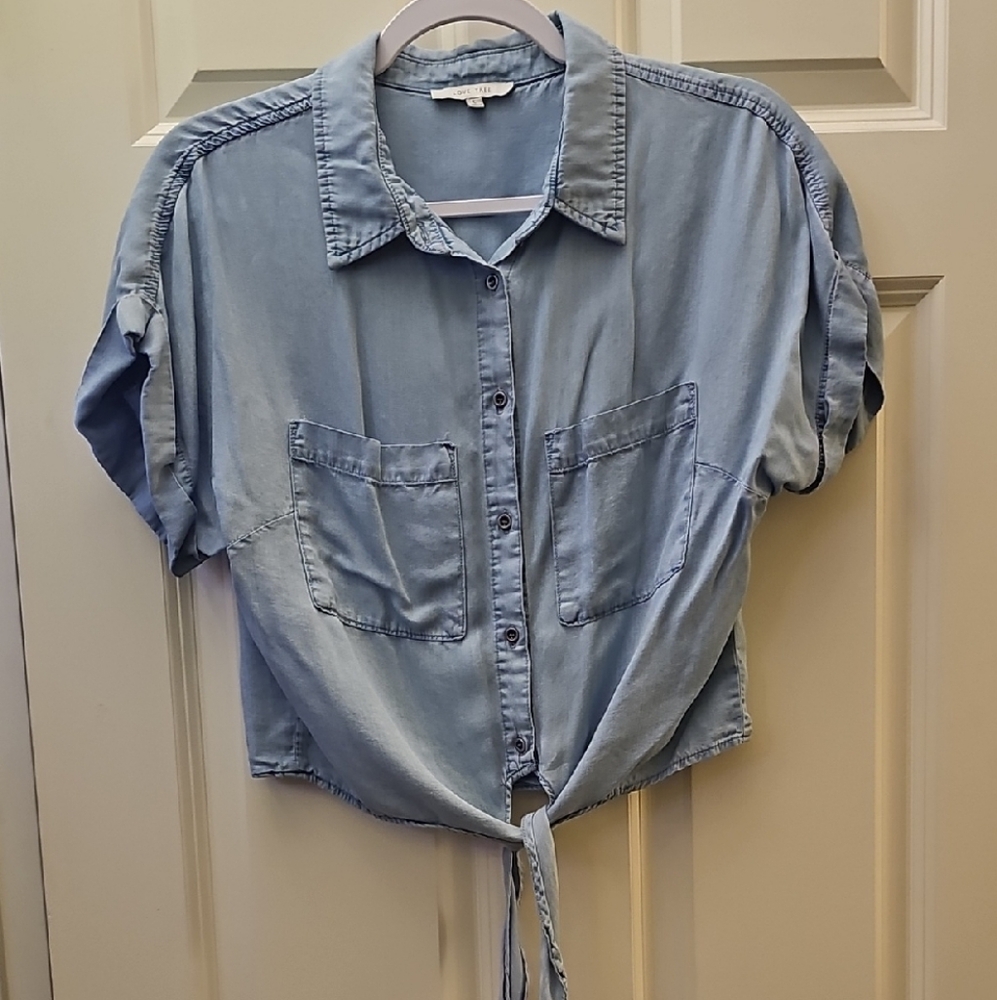 Love Tree Denim Blue Tie-Front Shirt